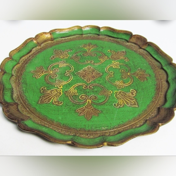 Florentine TRAY OFM Italy 10" PLASTIC Florence Apple Green Gold Vanity Drink EVC - Picture 3 of 6